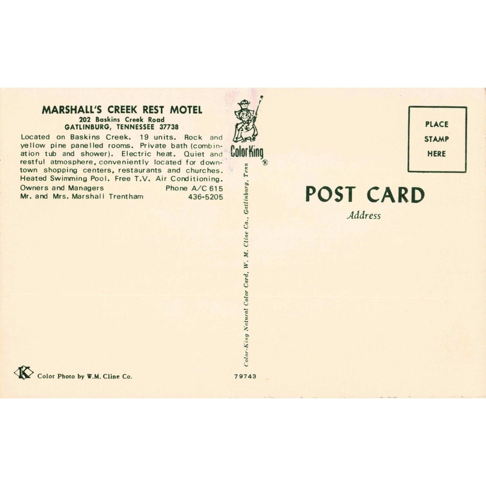 Vintage Marshalls Creek Rest Motel Gatlinburg TN Postcard Color King W.M. Cline - Picture 2 of 2